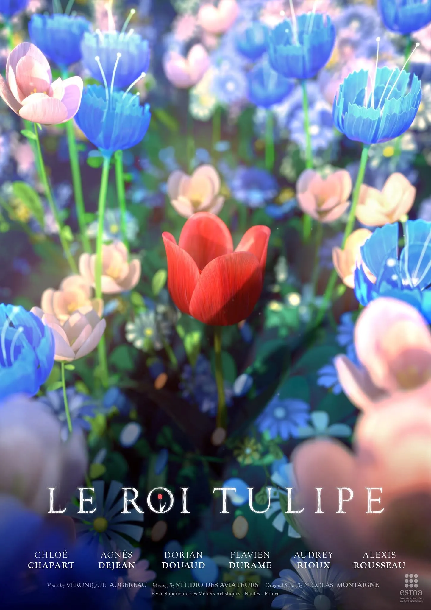Le Roi Tulipe — film poster: a single red tulip standing alone among blue and pale flowers