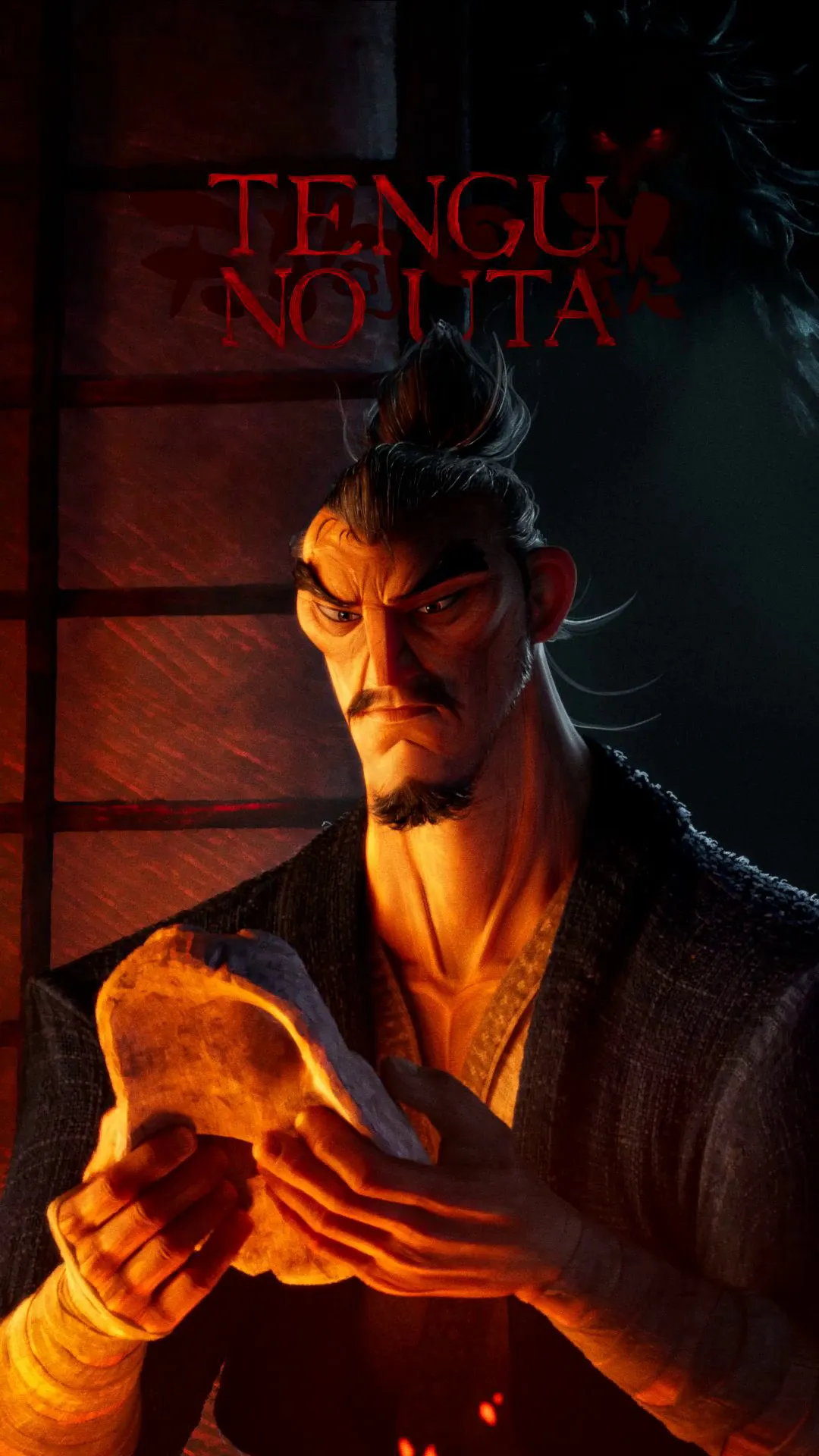 Tengu no Uta — film poster: Hisashi studies a mask by lamplight, the Tengu watching from the dark behind him