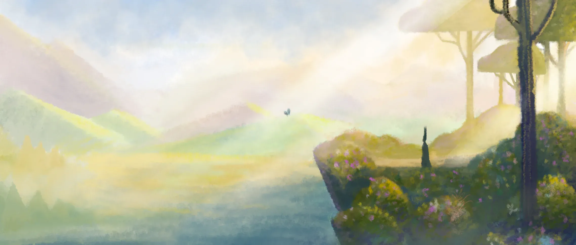 Le Roi Tulipe — colour key: the kingdom's valley at sunrise, seen from the flowering terrace