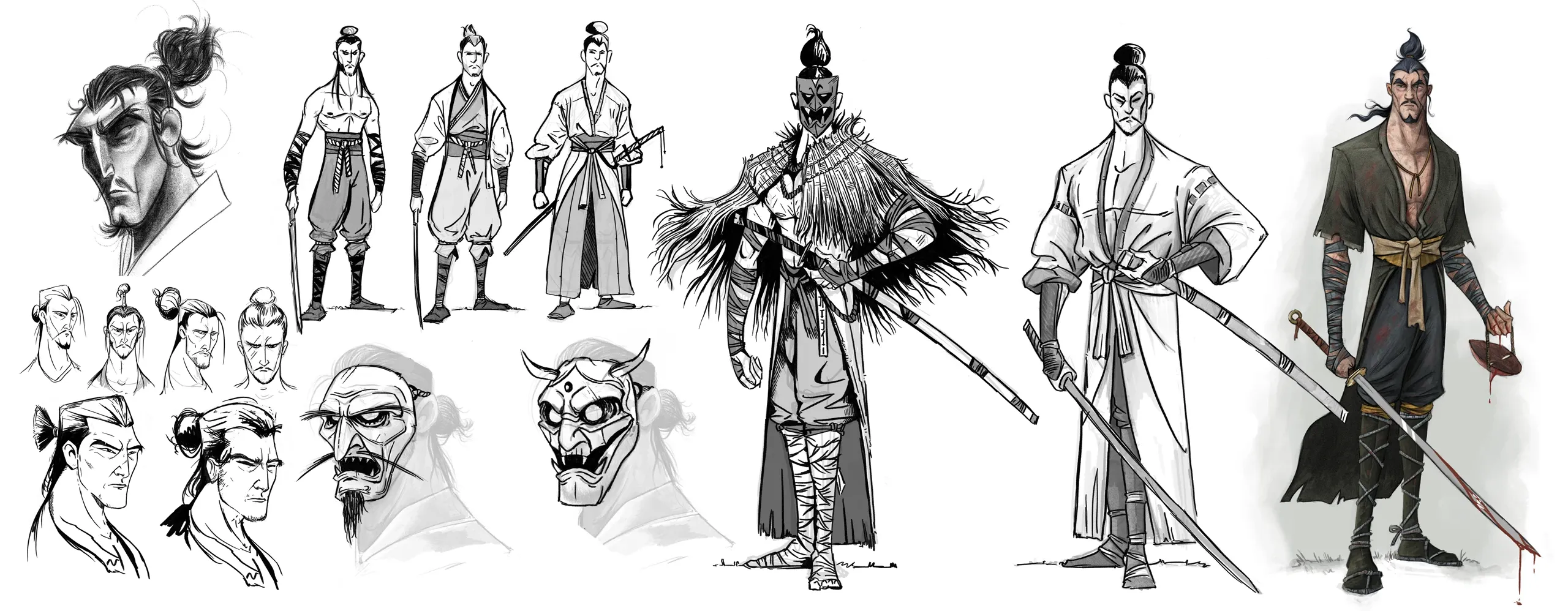 Tengu no Uta — character sheet for Hisashi: head studies, costume passes and the first demon masks