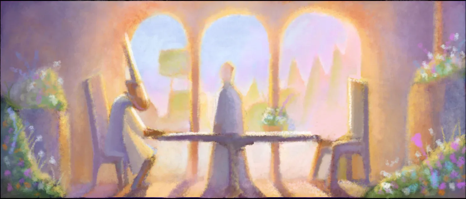 Le Roi Tulipe — pastel study: the little King and his governess at the breakfast table