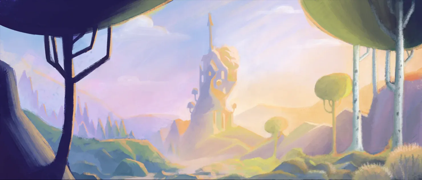 Le Roi Tulipe — colour key: the castle on its rocky spur above the pale valley
