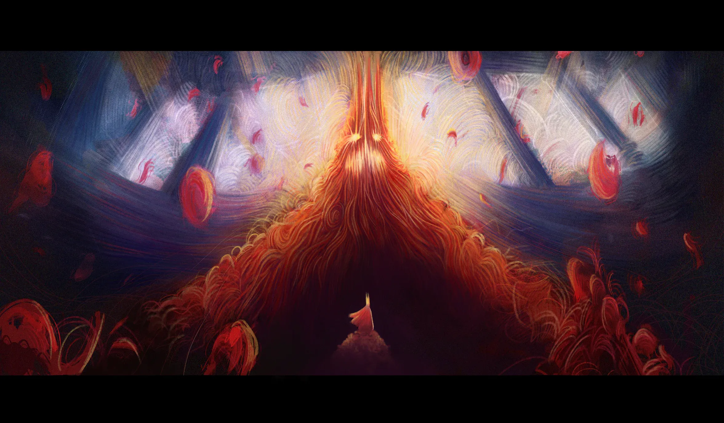 Le Roi Tulipe — colour key: the King, tiny, facing an immense red presence in the throne hall