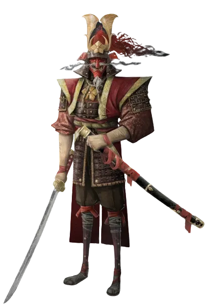 Tengu no Uta — costume study: Hisashi in the red lacquered armour and horned helmet he has renounced