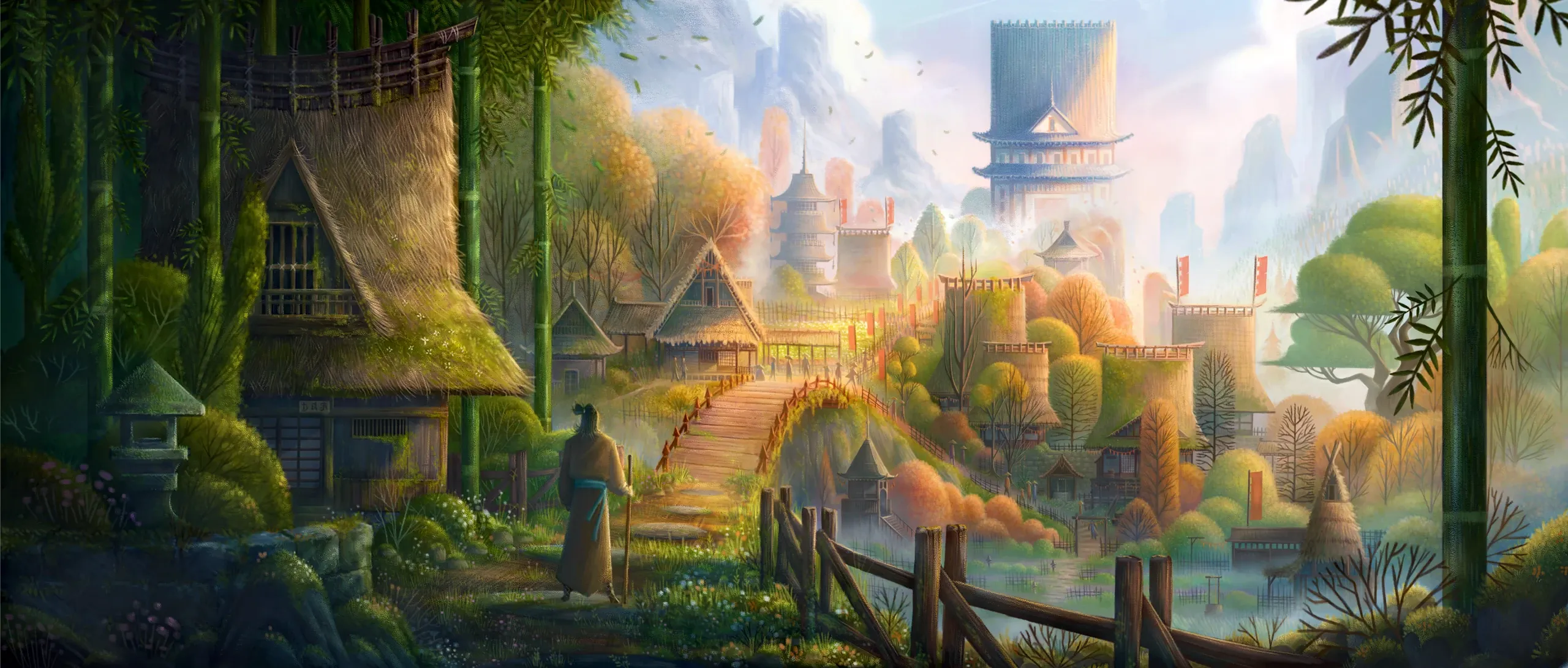 Tengu no Uta — colour key: the mountain village at first light, seen from the bamboo grove