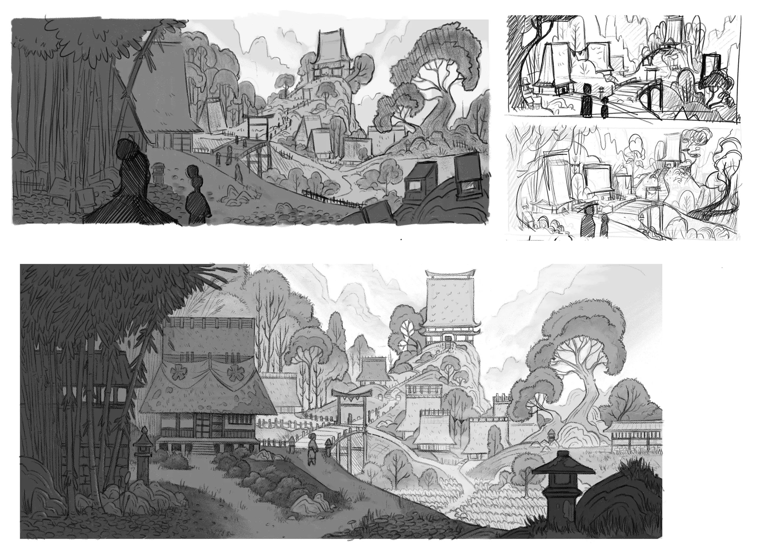 Tengu no Uta — layout research for the village, from rough thumbnails to the finished value sketch