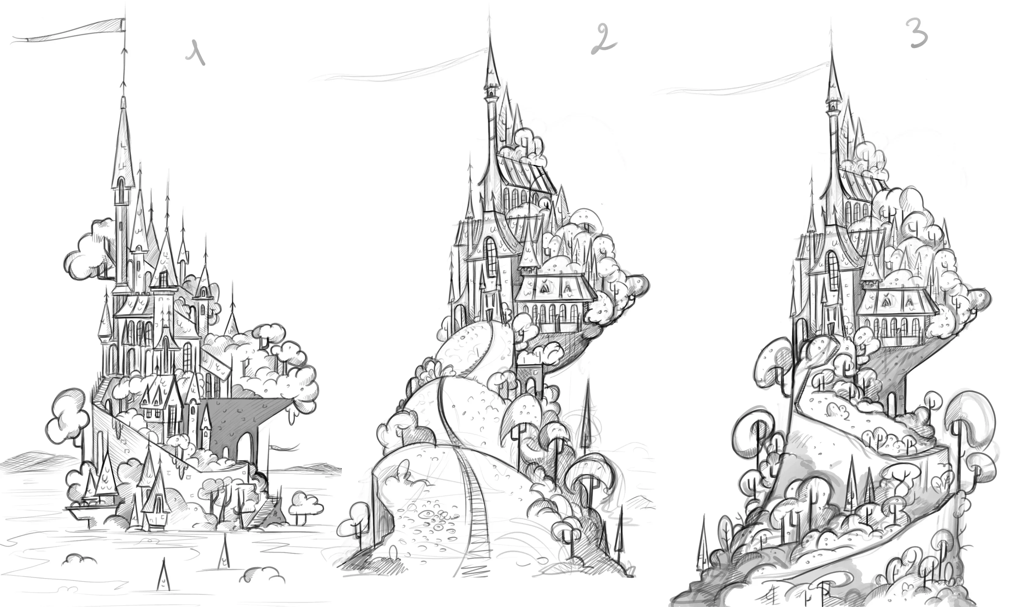 Le Roi Tulipe — three pencil designs for the castle perched on its rock