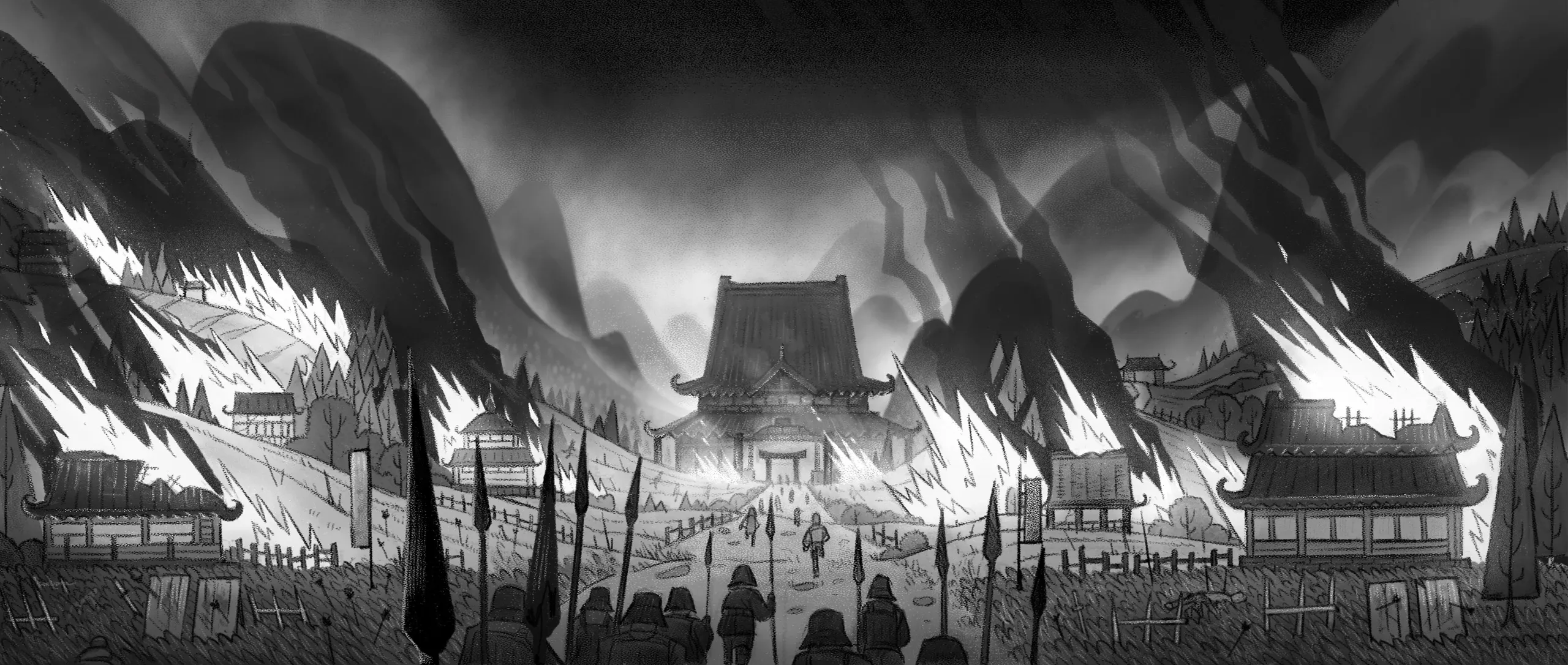 Tengu no Uta — value key: soldiers marching on the temple under a black sky and driving rain