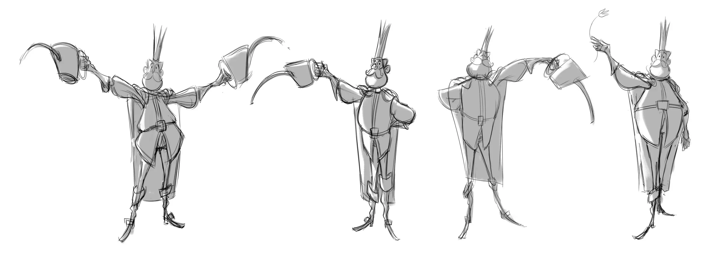 Le Roi Tulipe — pose studies of the King with his watering can