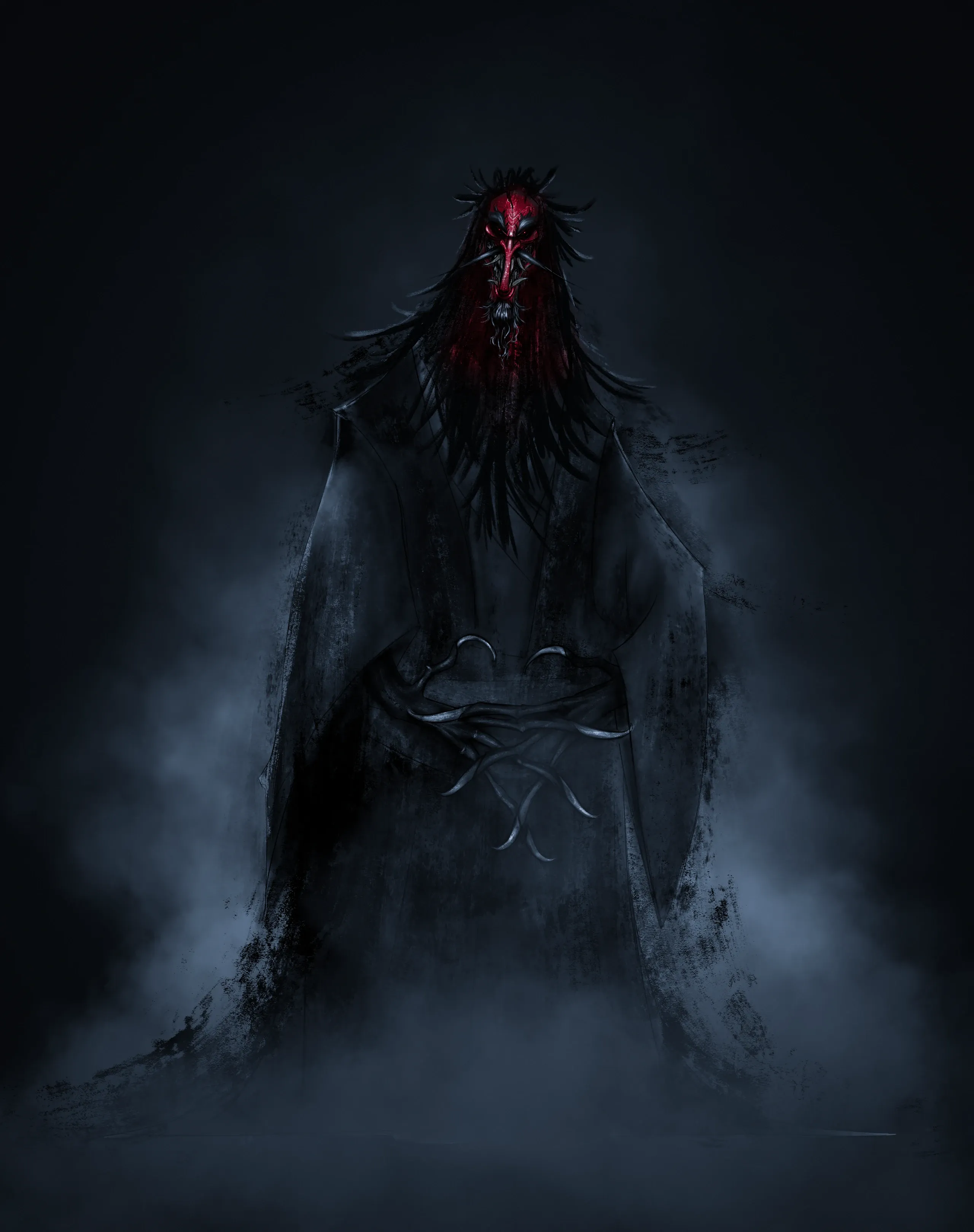 Tengu no Uta — design of the Tengu: a red-faced spirit in black feathers, standing in the mist