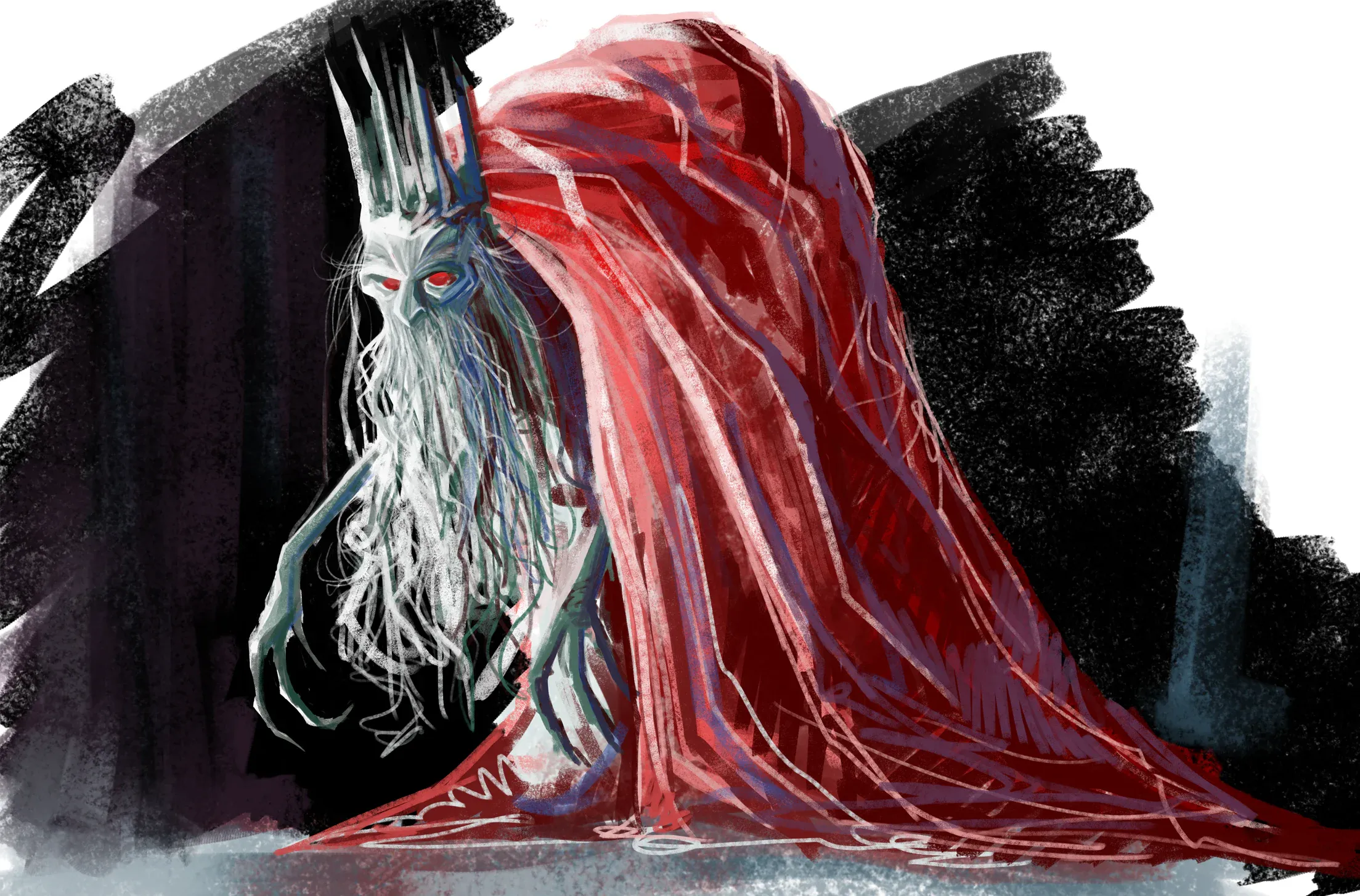 Le Roi Tulipe — painted study of the King in his long red cloak, crowned and red-eyed