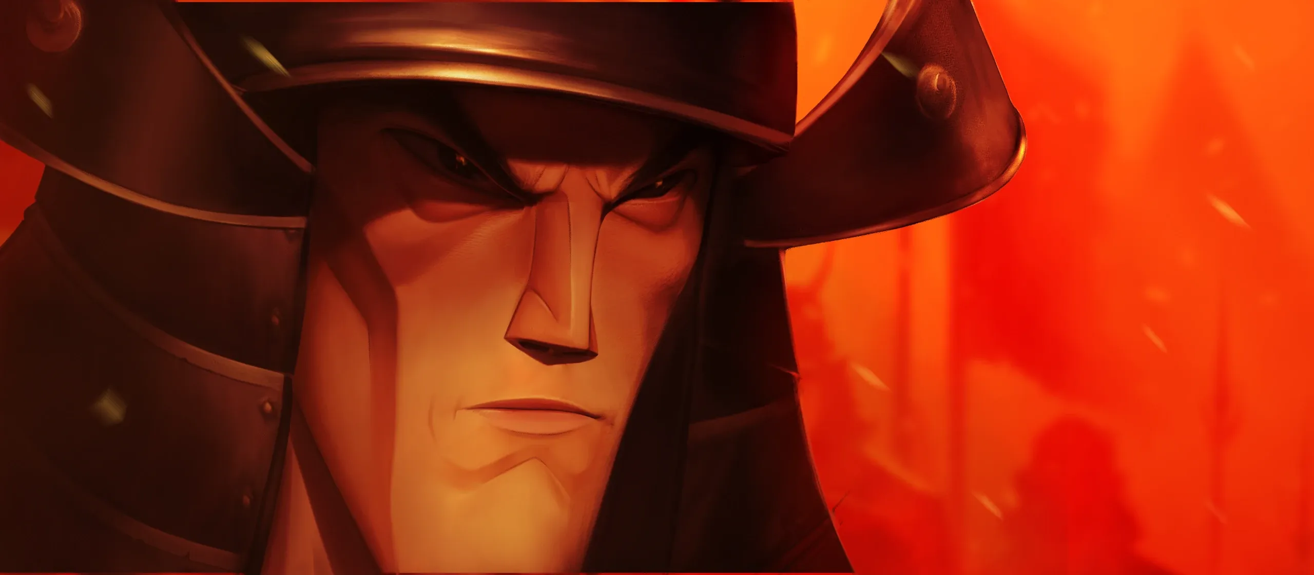 Tengu no Uta — colour key: a helmeted samurai in close-up against a wall of fire