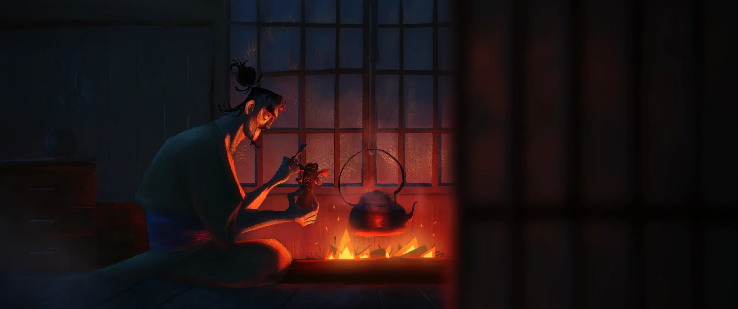 Tengu no Uta — colour key: Hisashi carving a mask by the hearth, the kettle on the fire