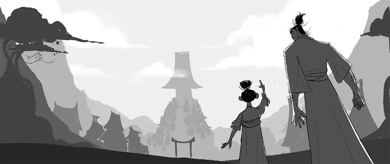 Tengu no Uta — layout study: Hisashi and his daughter Shizuka looking out over the valley