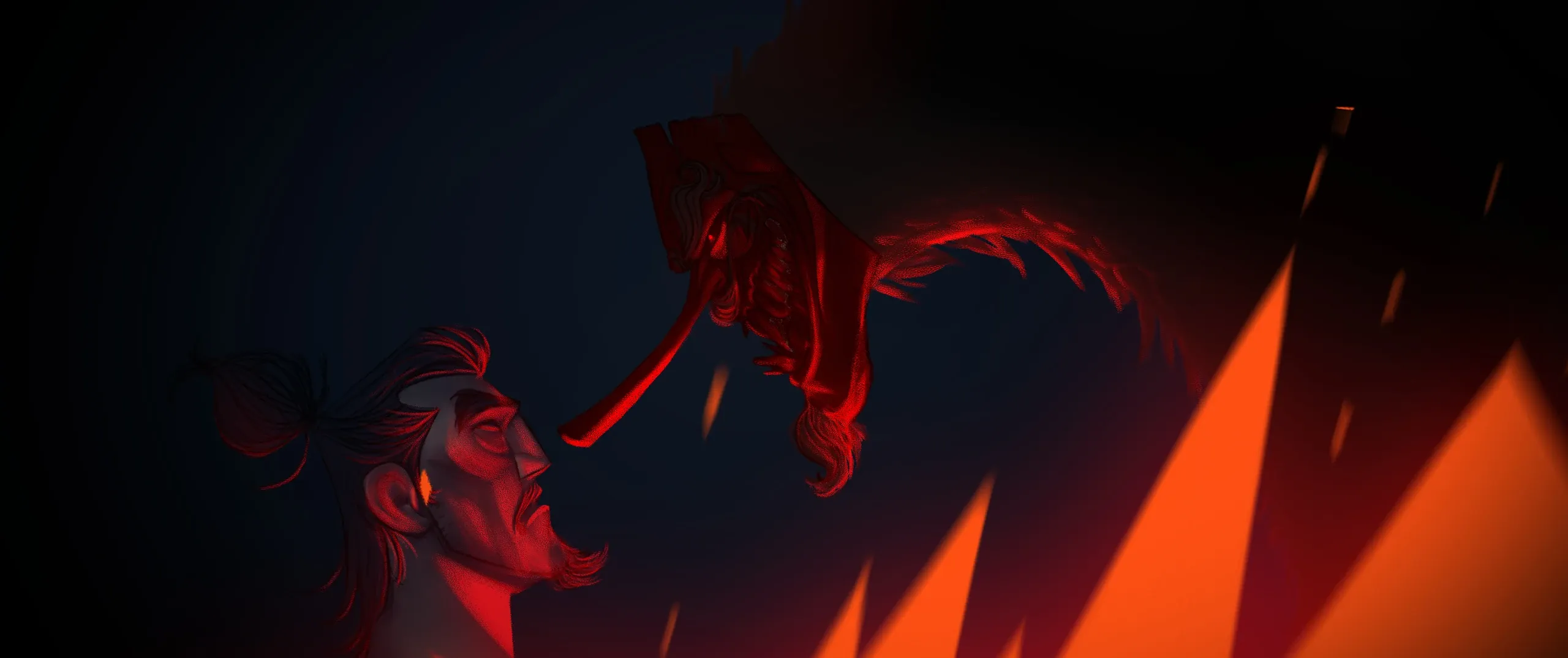Tengu no Uta — colour key: Hisashi face to face with the Tengu above the flames