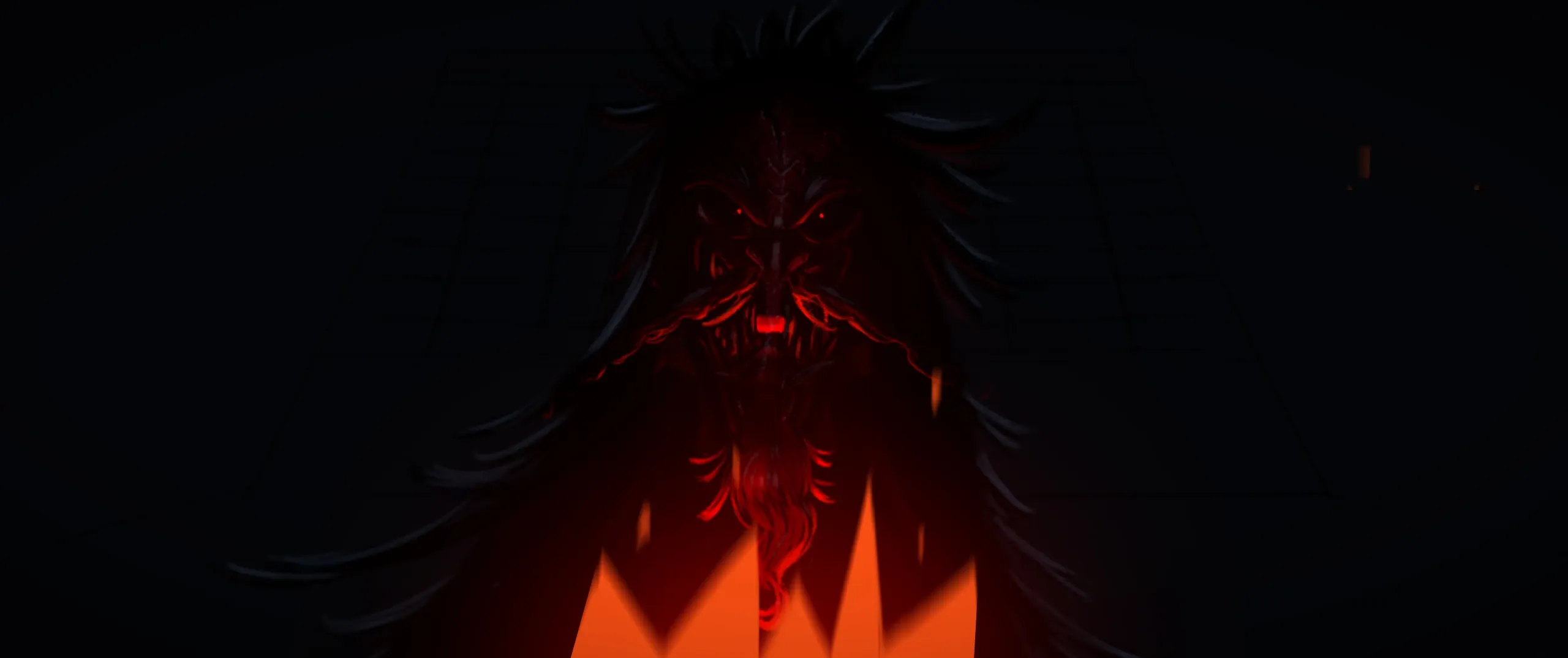 Tengu no Uta — colour key: the Tengu's face rising out of the darkness over the fire