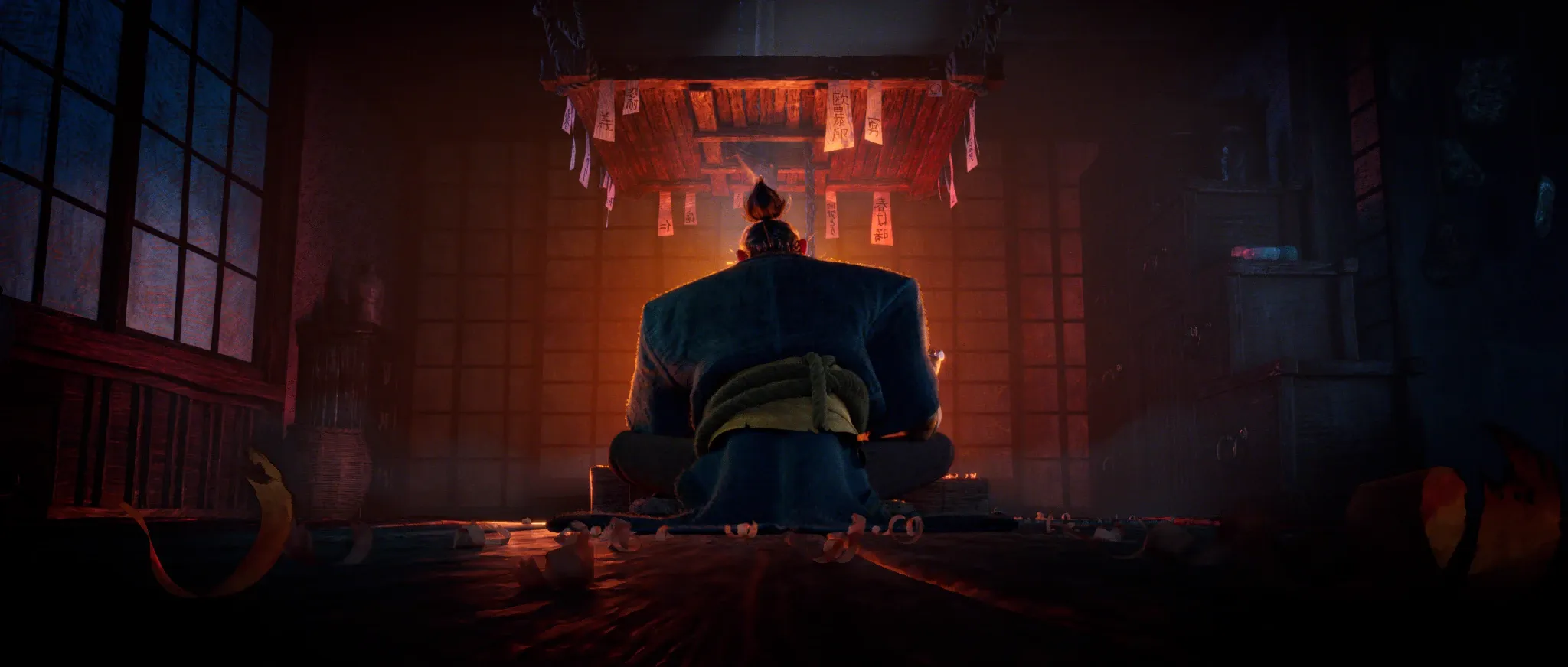 Tengu no Uta — Hisashi kneeling before the household shrine, his back to the camera