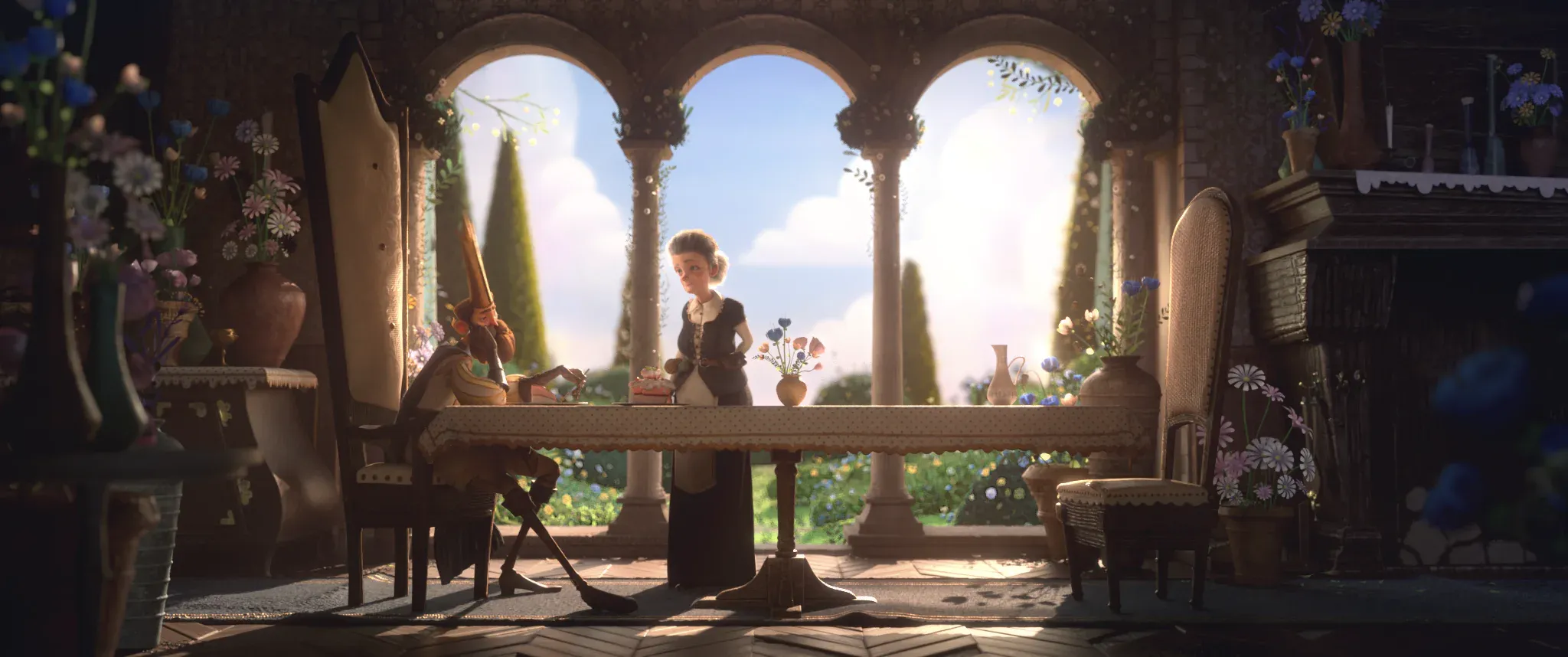 Le Roi Tulipe — the little King at table with his governess, the garden framed by the arches