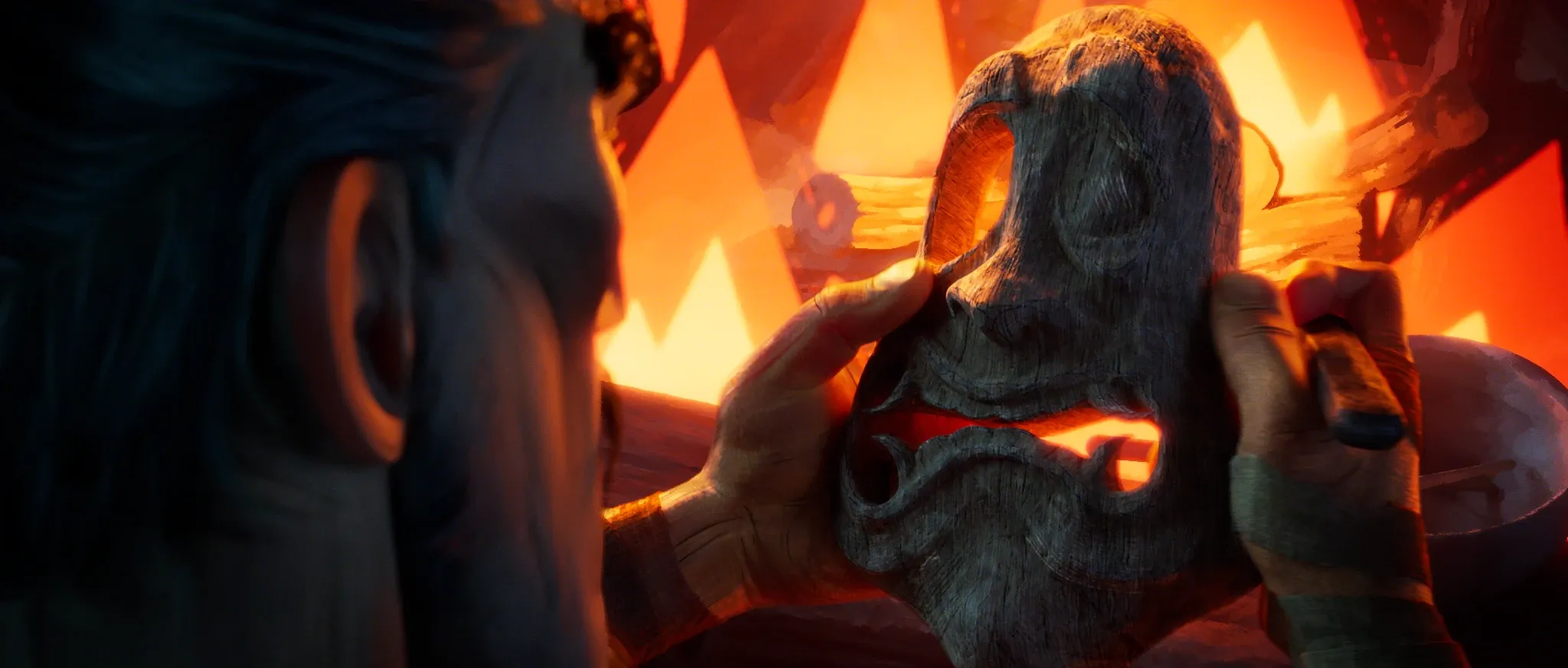 Tengu no Uta — Hisashi's hands turning a freshly carved mask in the light of the hearth