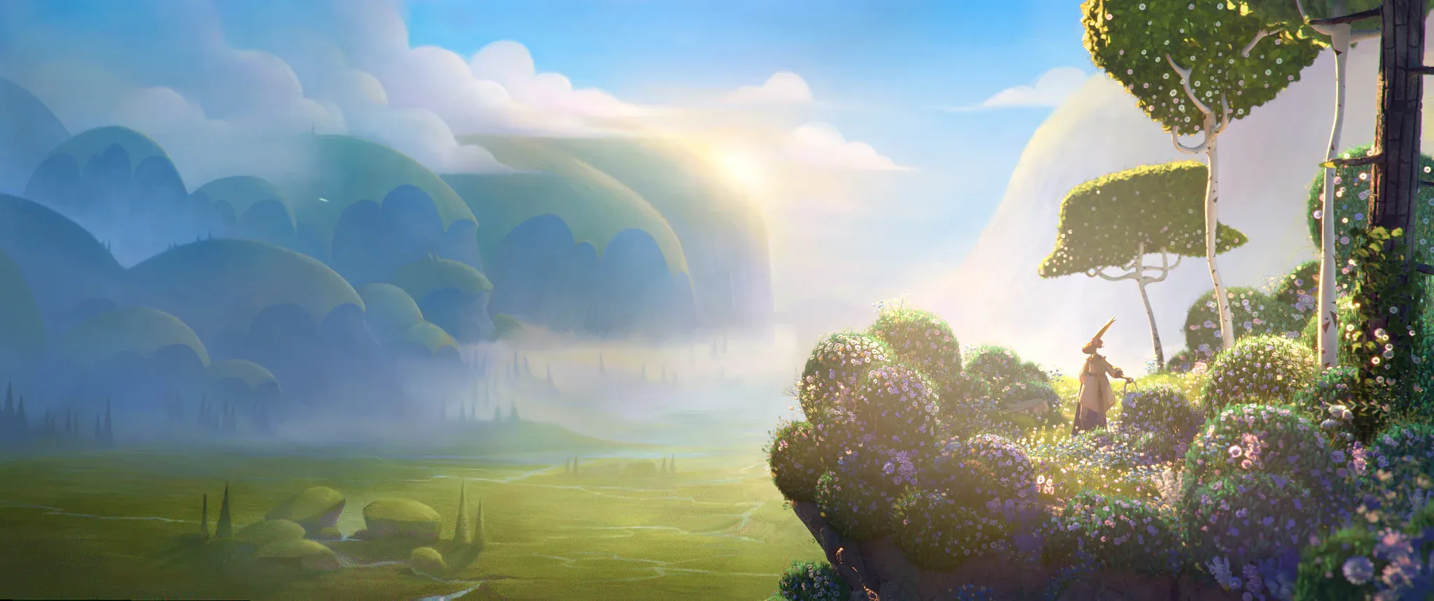 Le Roi Tulipe — the King alone in his flowering garden, above the valley in the morning haze