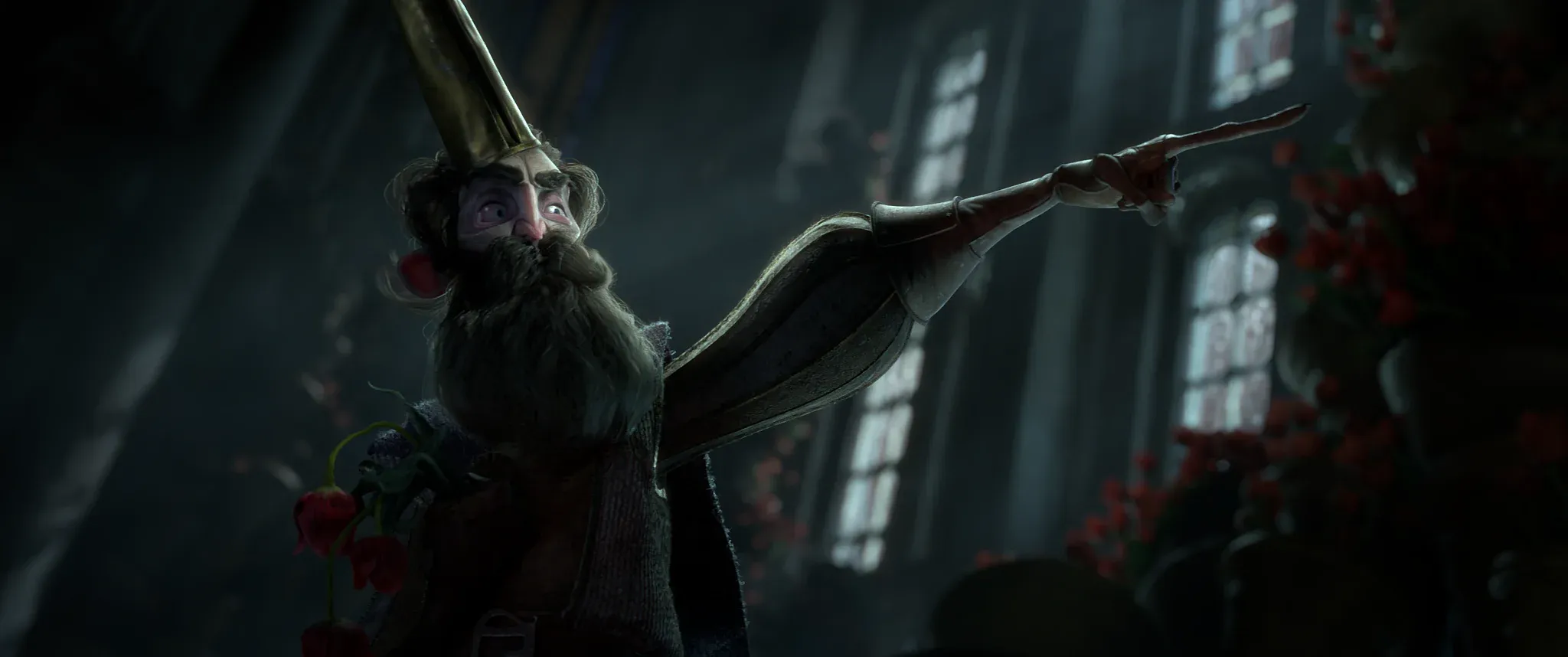 Le Roi Tulipe — the King pointing into the great hall, a flower held against his chest