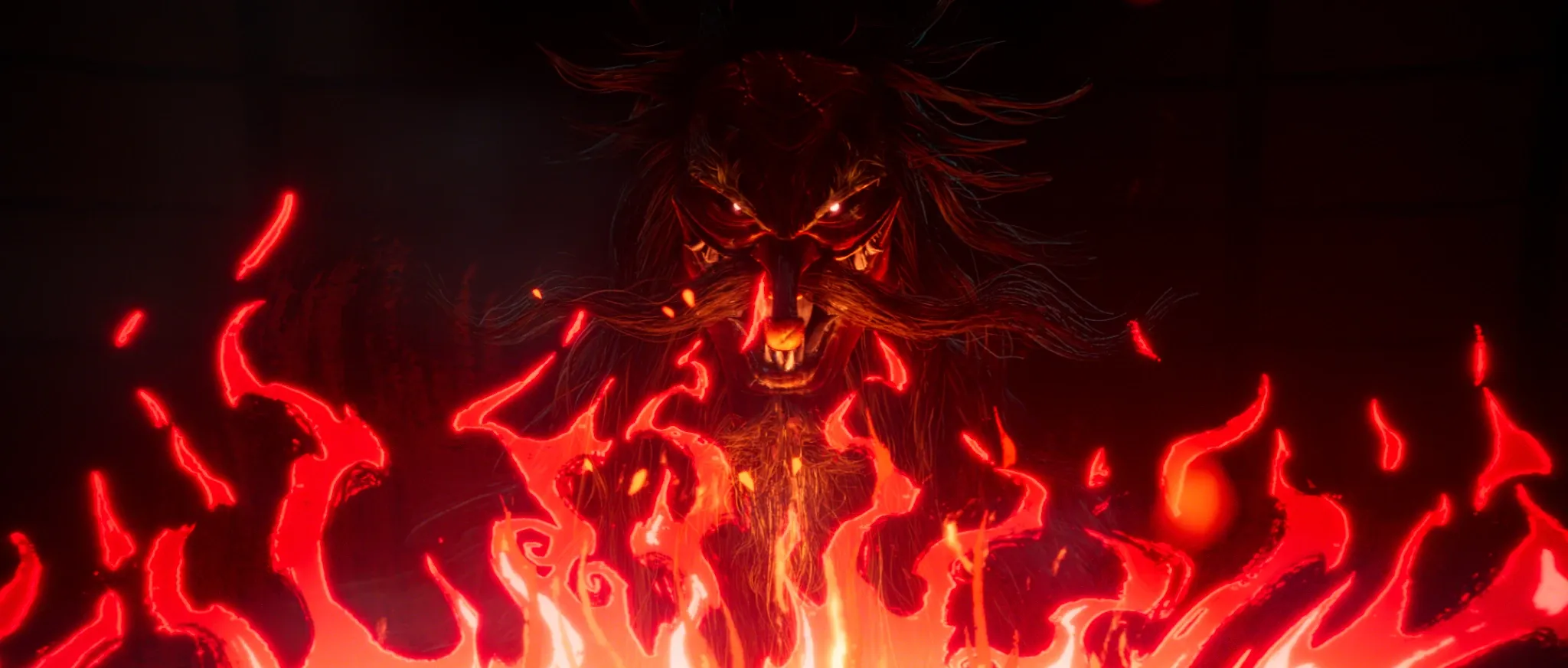 Tengu no Uta — the Tengu appearing in the flames, white-eyed and bared-toothed