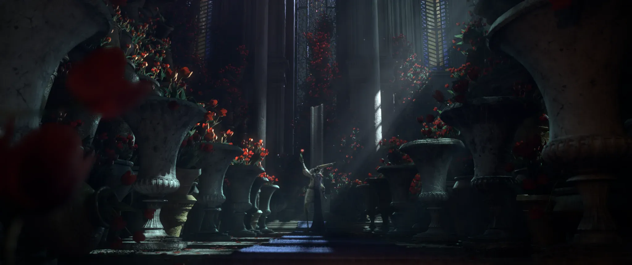 Le Roi Tulipe — the King raising a flower among the great urns of red blooms