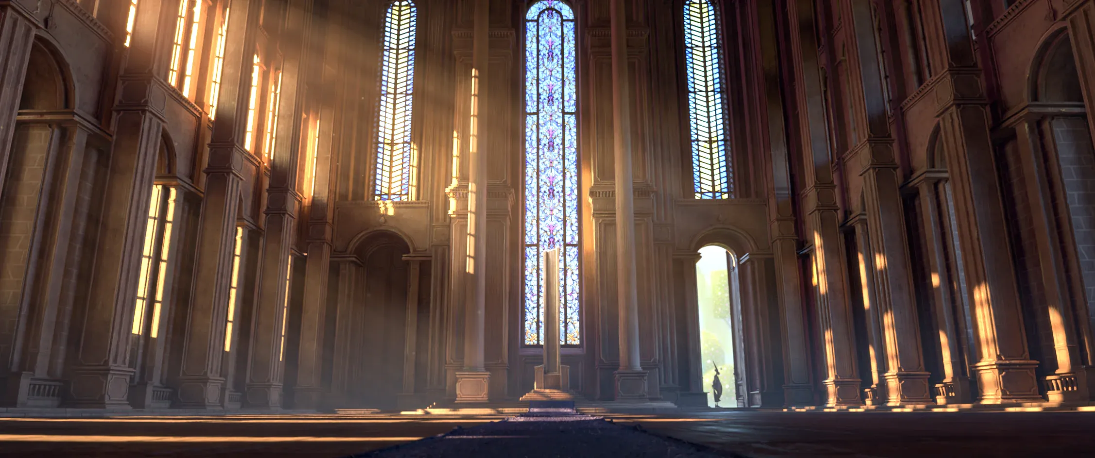 Le Roi Tulipe — the empty throne hall, the King a small silhouette in the far doorway